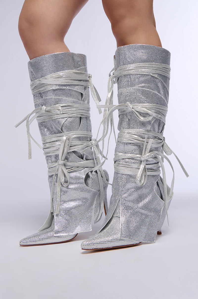 AZALEA WANG CORDIAL SILVER RHINESTONE BOOT