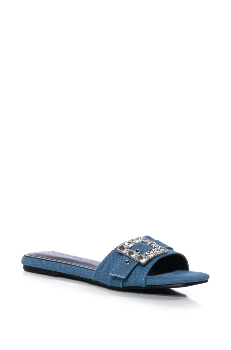 AZALEA WANG NIXIE DENIM FLAT SANDAL WITH EMBELLISHMENT