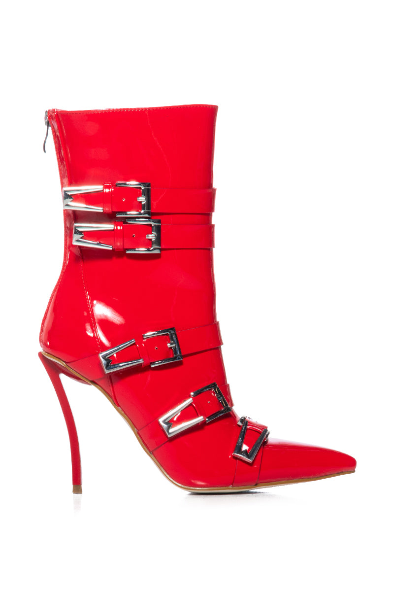 AZALEA WANG CHATTY BUCKLE DETAIL BOOTIE IN RED