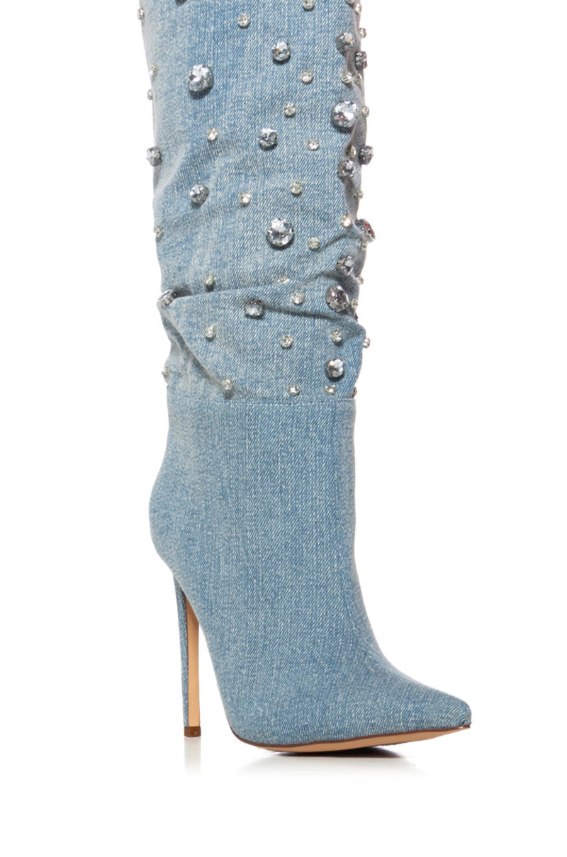 AZALEA WANG STARSHINE DENIM AND RHINESTONE SLOUCH BOOT