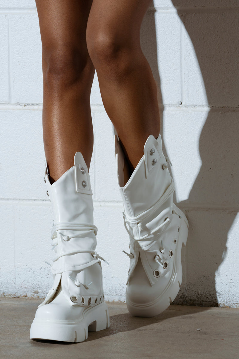 AZALEA WANG CAPIRE WHITE CINCHING COMBAT BOOTIE