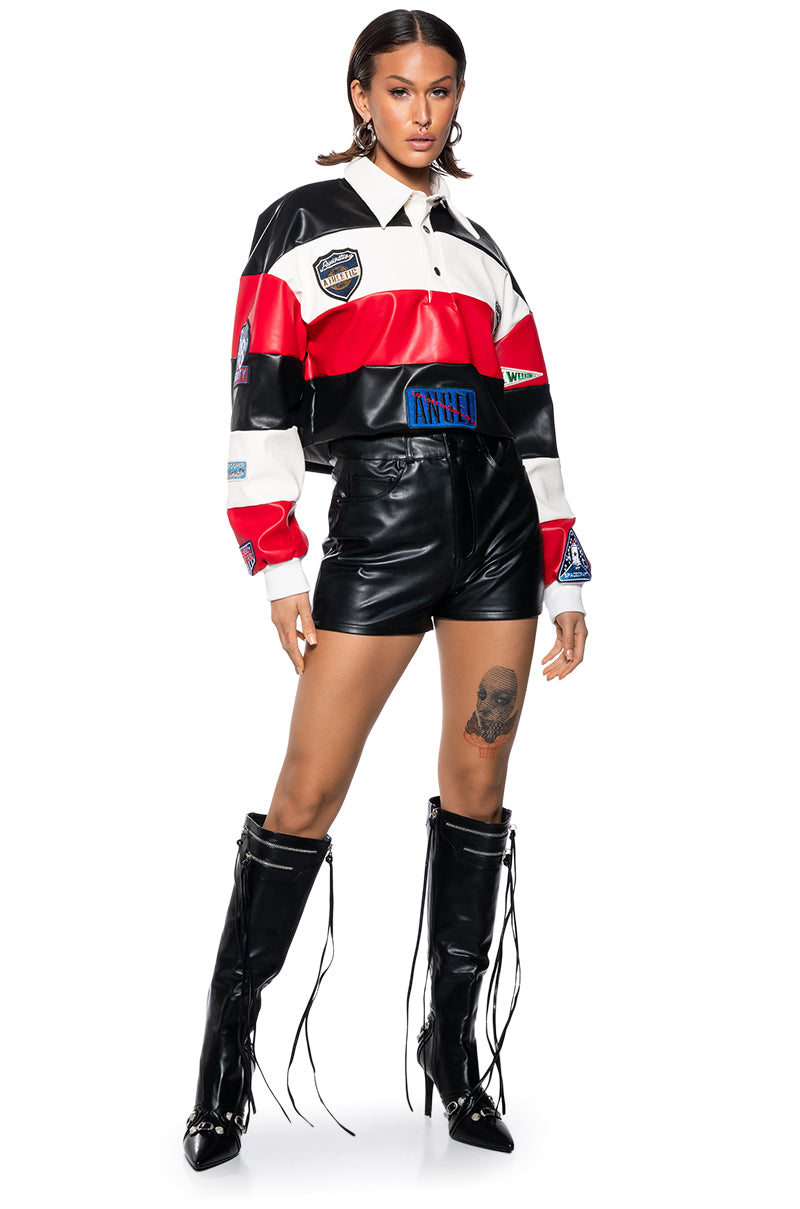 VARSITY LETTER FAUX LEATHER STRIPED PULL OVER