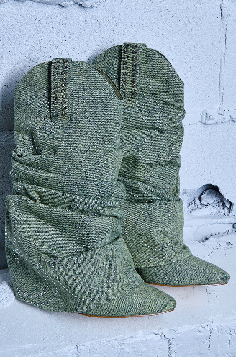 AZALEA WANG SINEAD GREEN RUCHED COWBOY BOOTIE