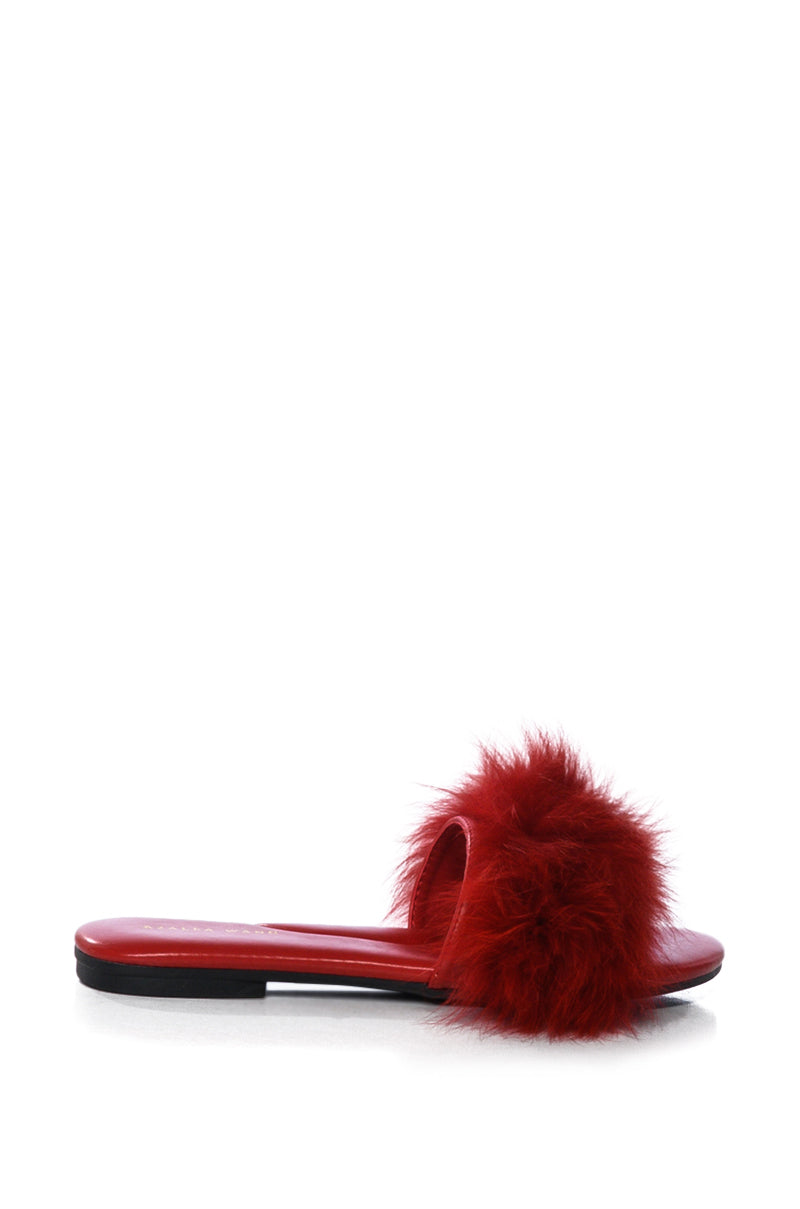 AZALEA WANG FOXY BASIC FUR FLAT SANDAL IN RED