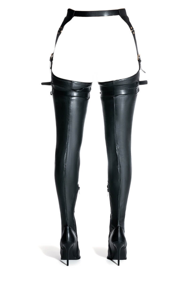 AZALEA WANG SEXY BELTED STRETCH PU STILETTO BOOT IN BLACK