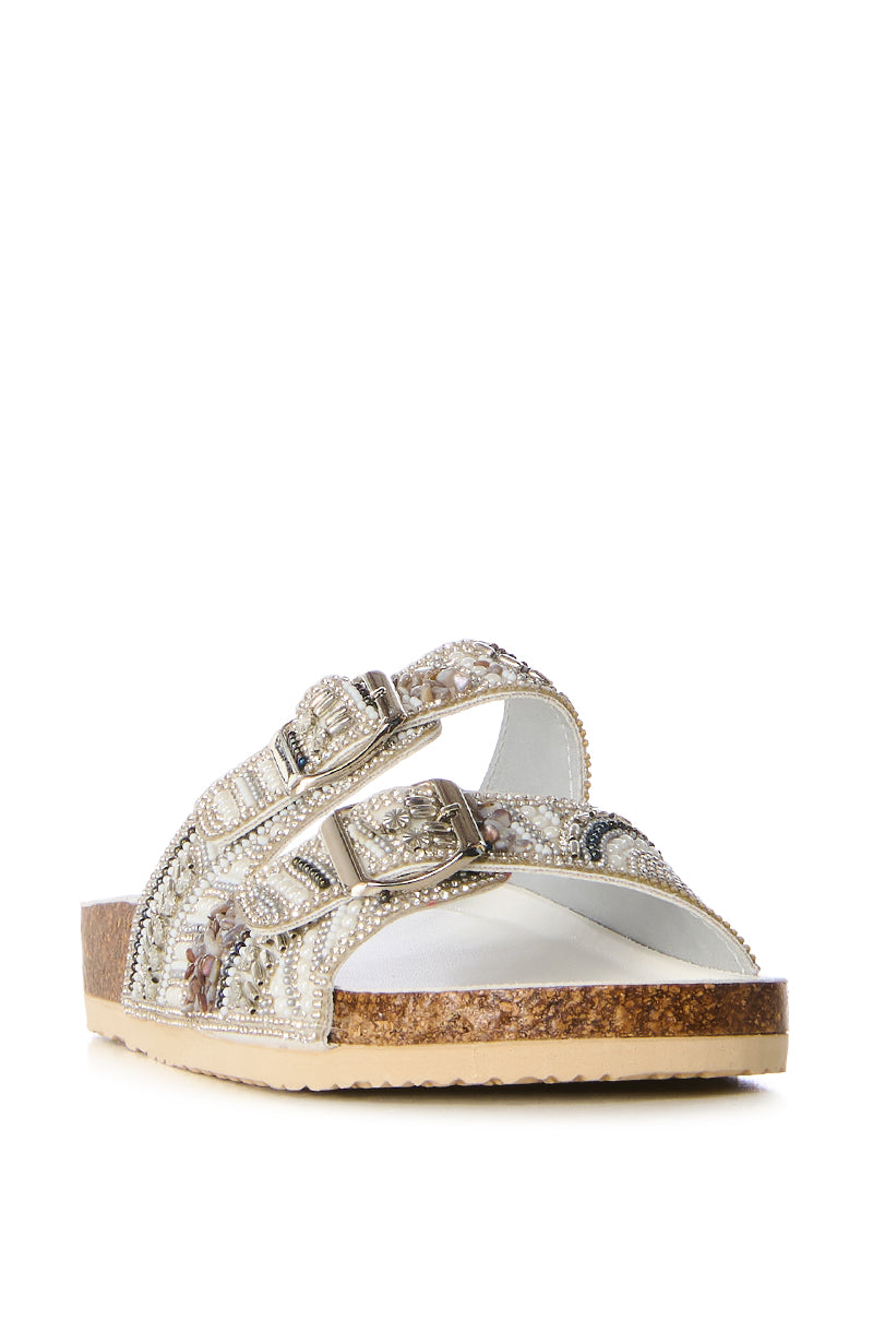 AZALEA WANG ROMILLY WHITE EMBELLISHED FLAT SANDAL