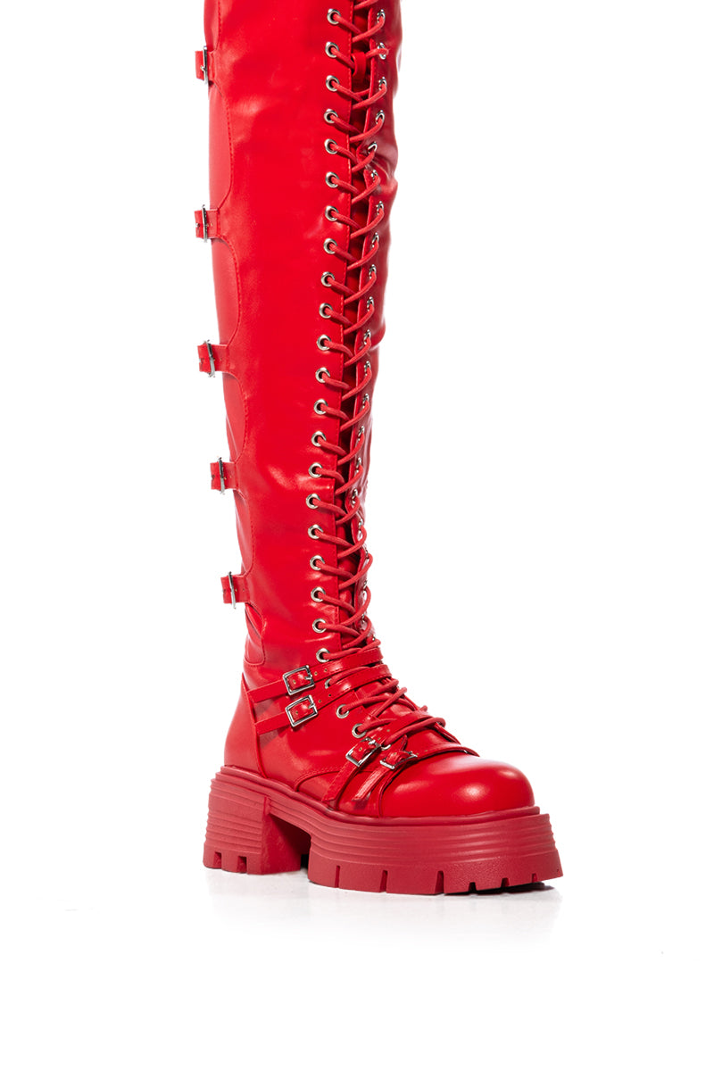 AZALEA WANG TAKE FIVE RED OVER THE KNEE LACE UP BOOT