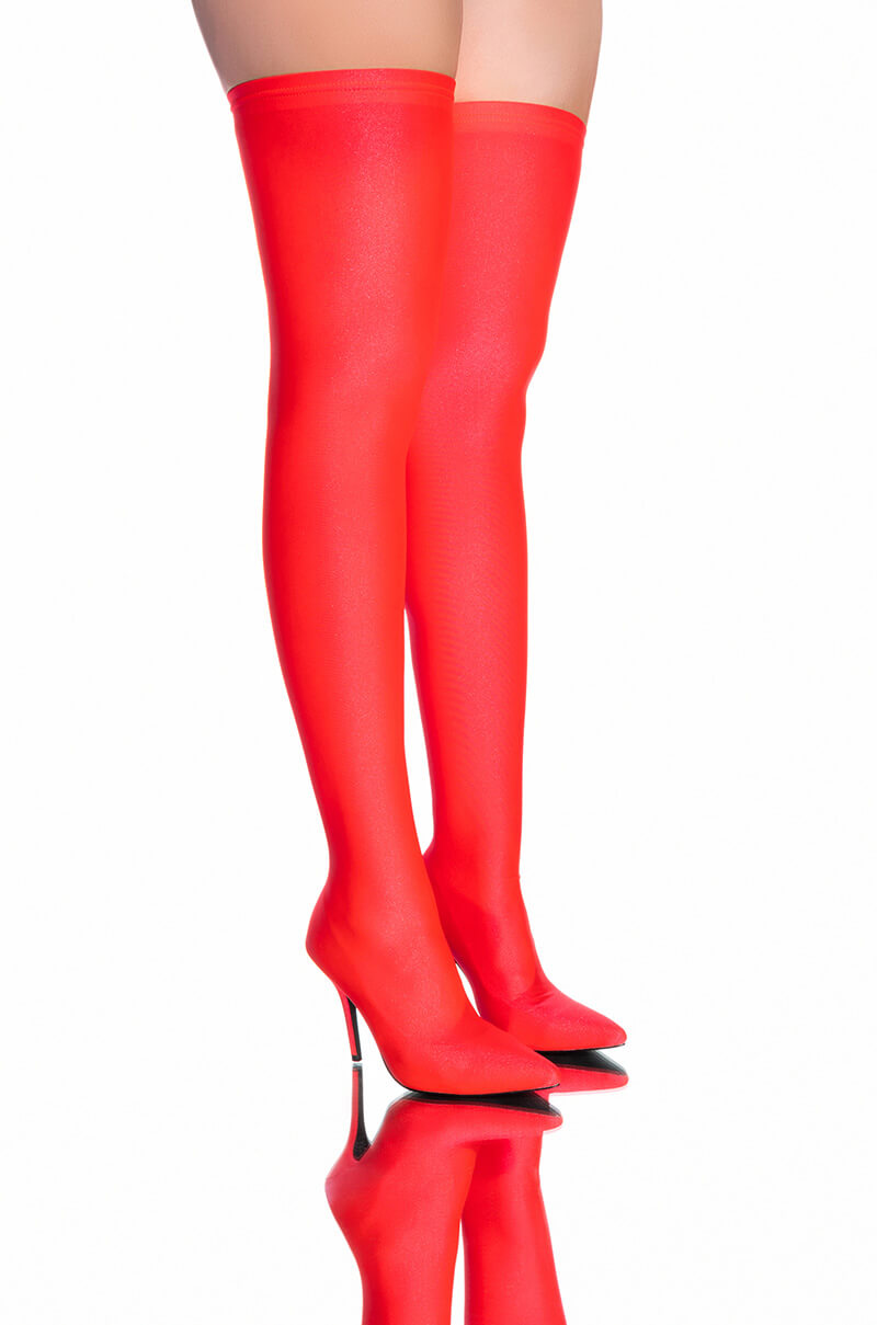 AZALEA WANG LOVE STRUCK THIGH HIGH STILETTO BOOT IN RED STRETCH
