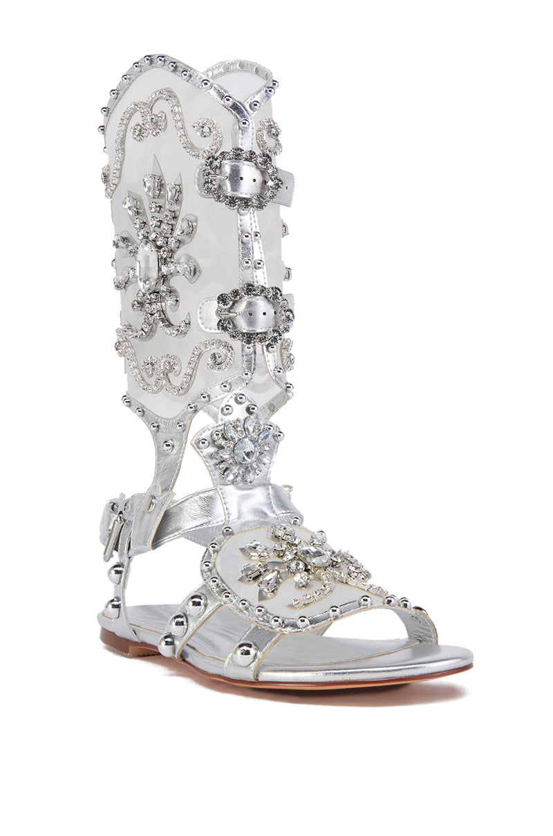 AZALEA WANG LEXLINE SILVER EMBELLISHED GLADIATOR FLAT SANDAL