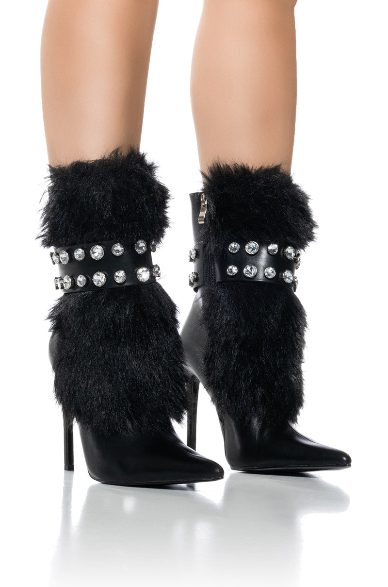 AZALEA WANG STATEN BLACK FUZZY EMBELLISHED BOOTIE