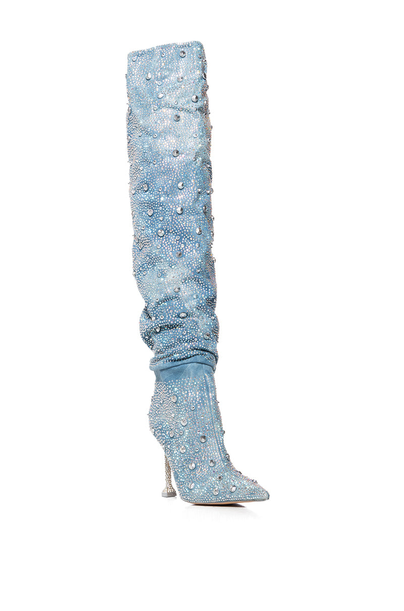 AZALEA WANG DOUGHTY EMBELLISHED THIGH HIGH BOOT IN DENIM