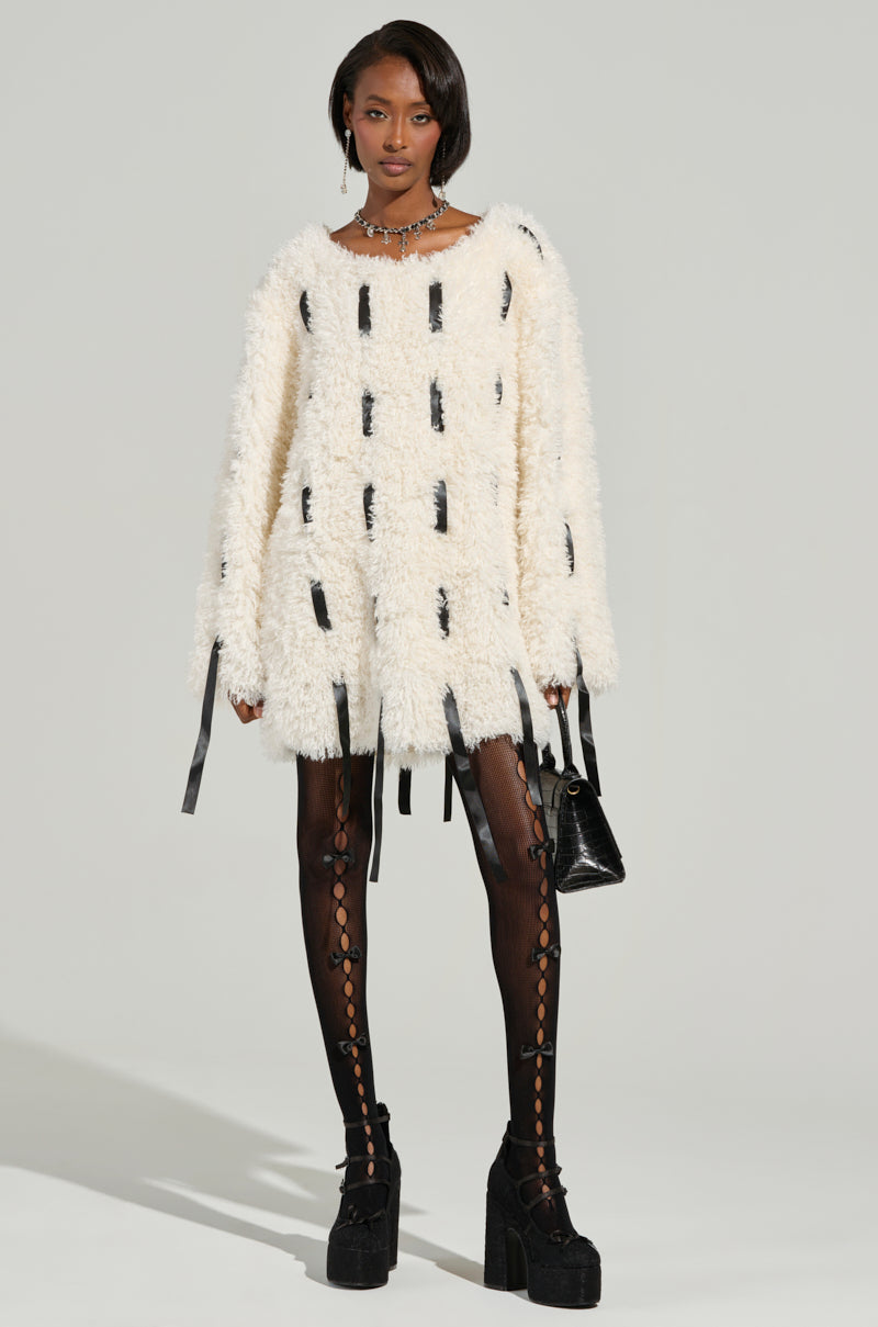 SULLY WOVEN RIBBON FAUX FUR MINI DRESS