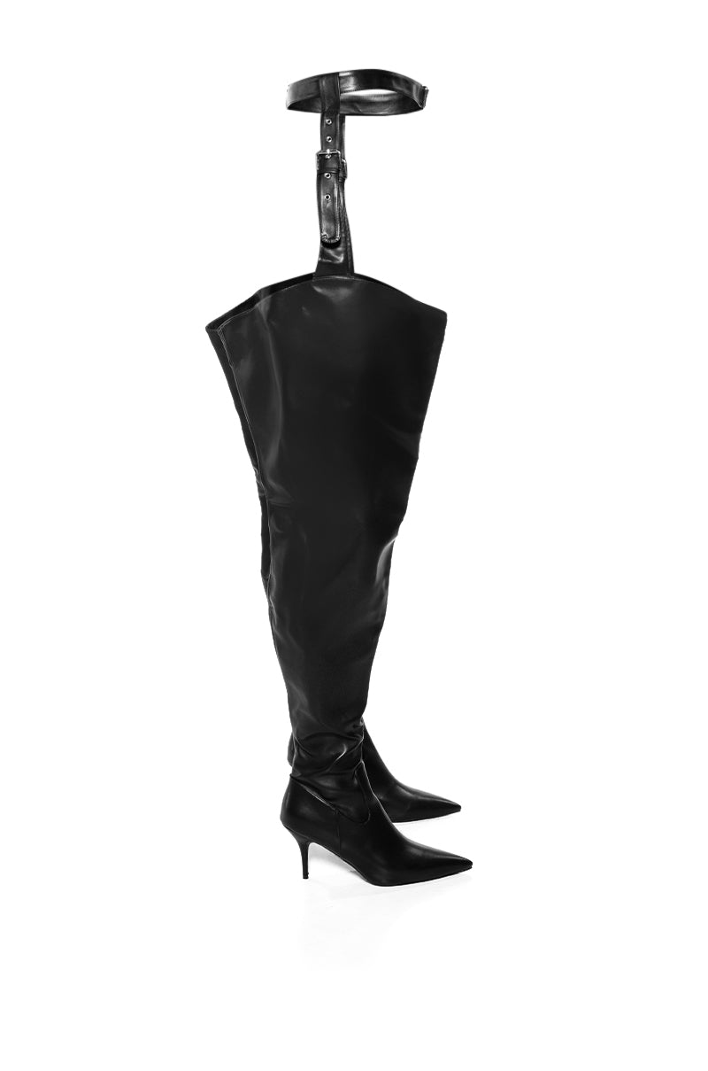 AZALEA WANG LEWANNA BLACK THIGH HIGH BELTED CHAP BOOT IN BLACK