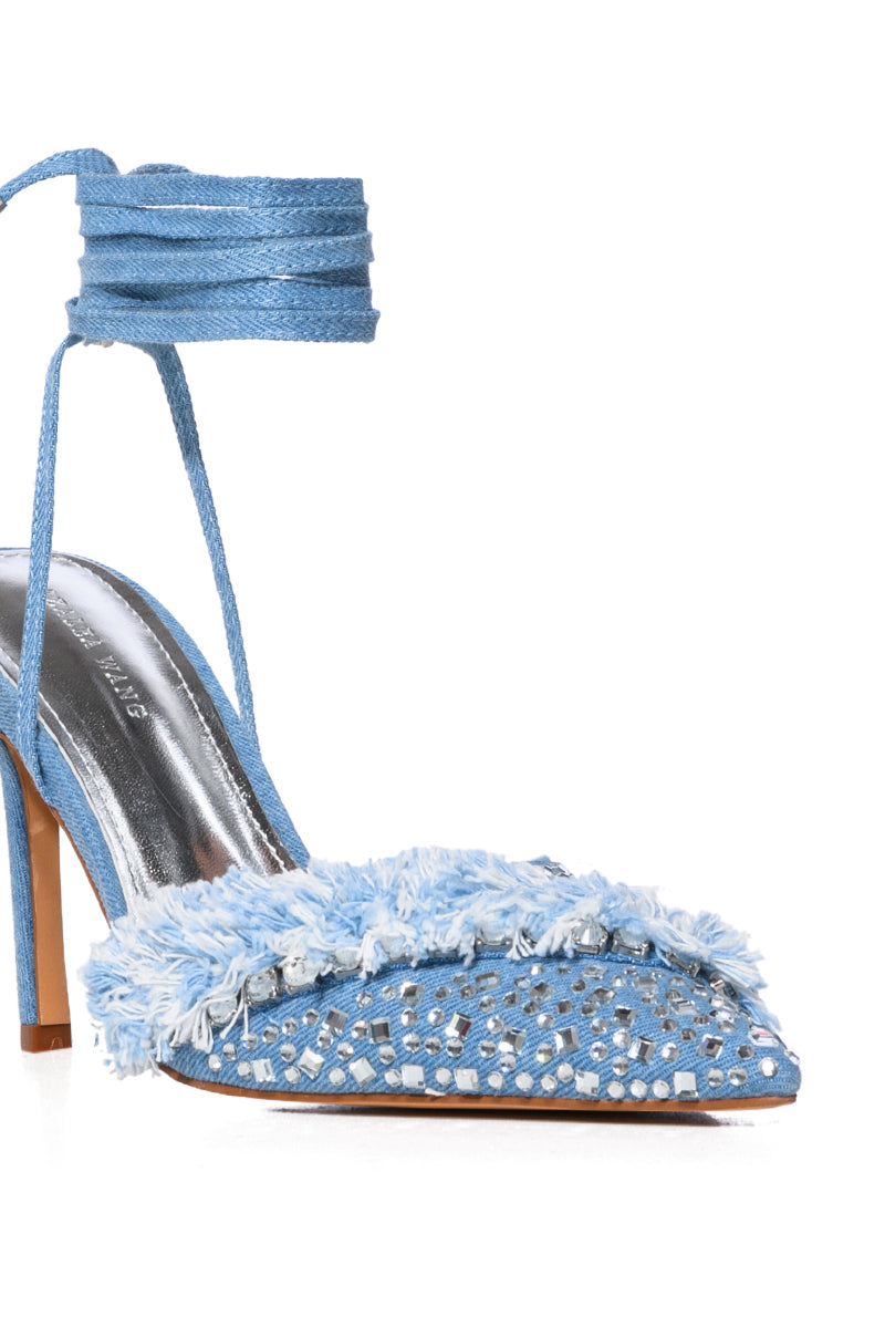 AZALEA WANG RAINI STRAPPY EMBELLISHED PUMP IN DENIM