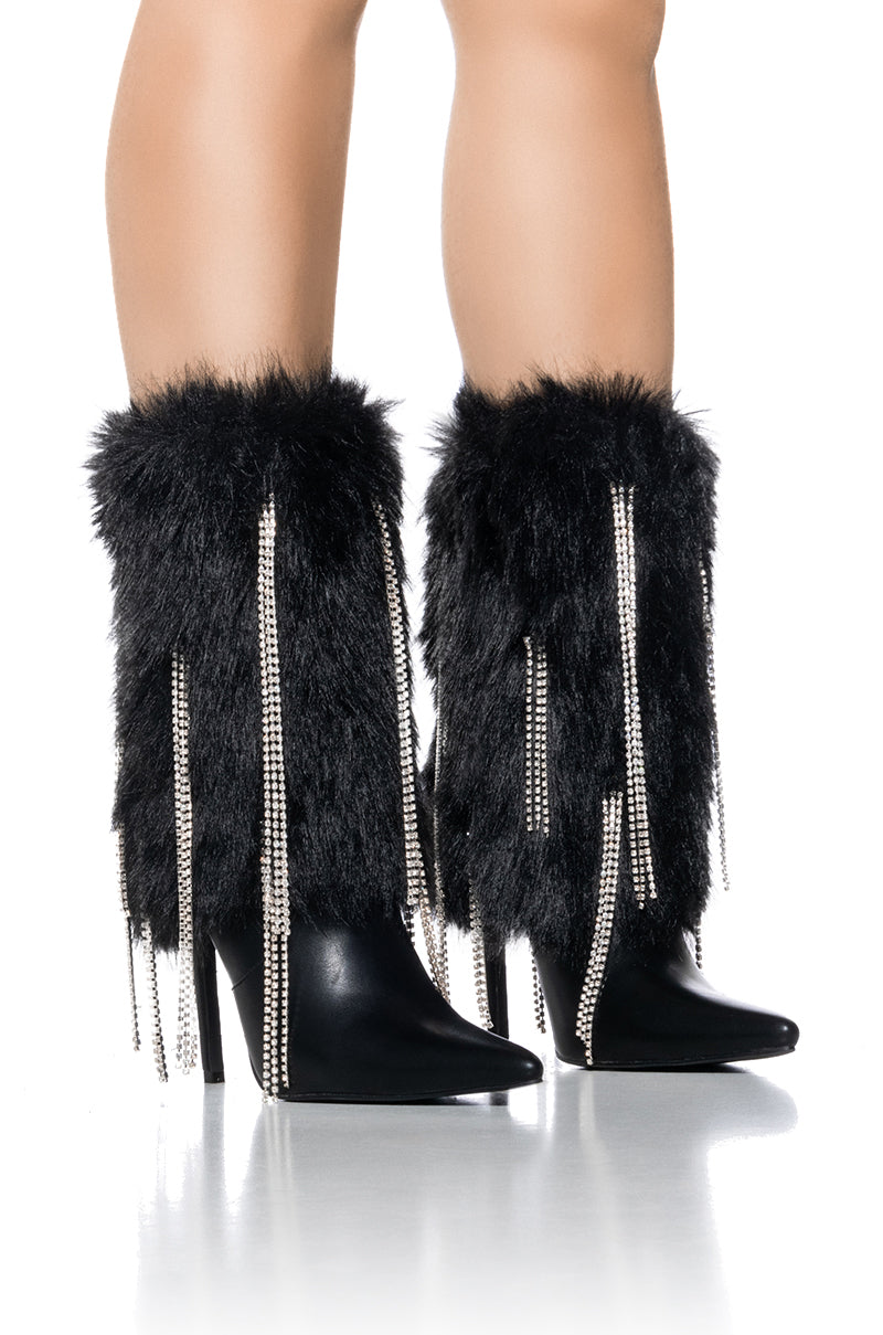 AZALEA WANG STEPHY BLACK FURRY BOOTIE WITH DIAMOND DRIP DETAIL