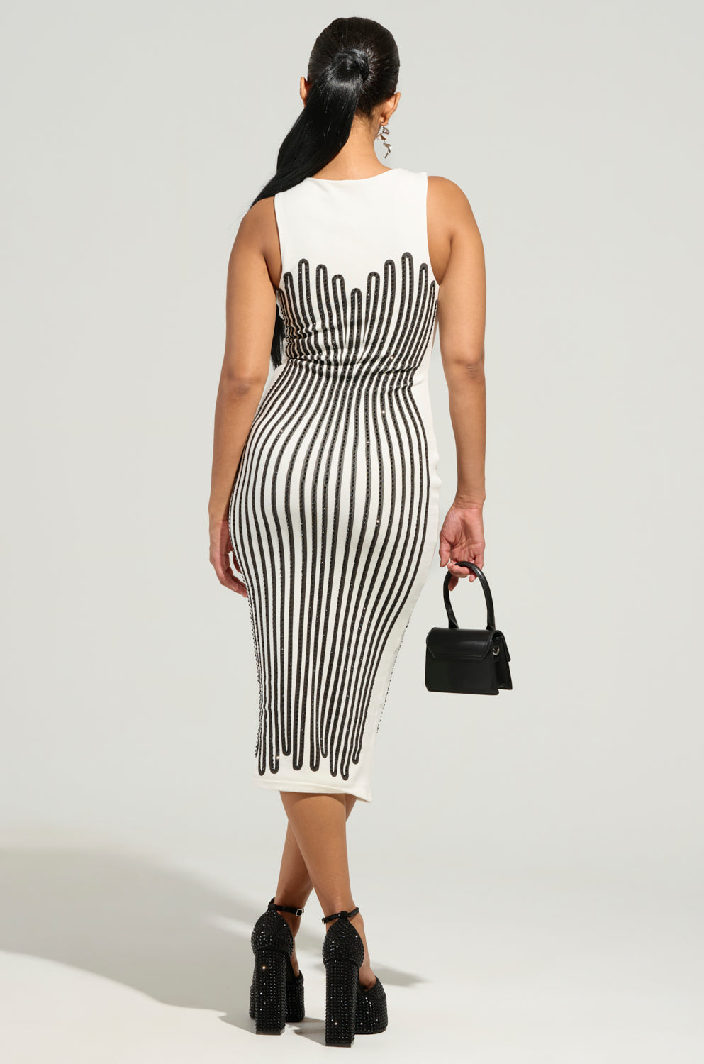 ITS GIVING BODY RHINESTONE PRINTED MIDI DRESS