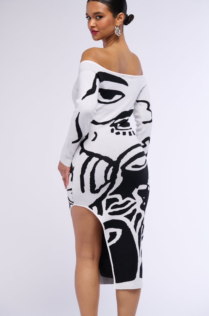 LOOK AT ME ABSTRACT PRINT KNIT MIDI DRESS