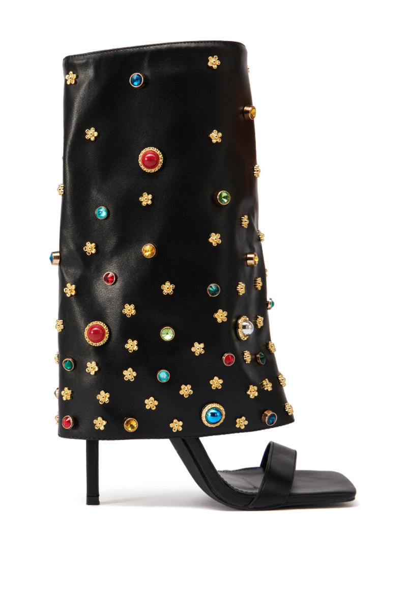 AZALEA WANG MITSUE BLACK EMBELLISHED FOLD OVER OPEN TOE SANDAL BOOT