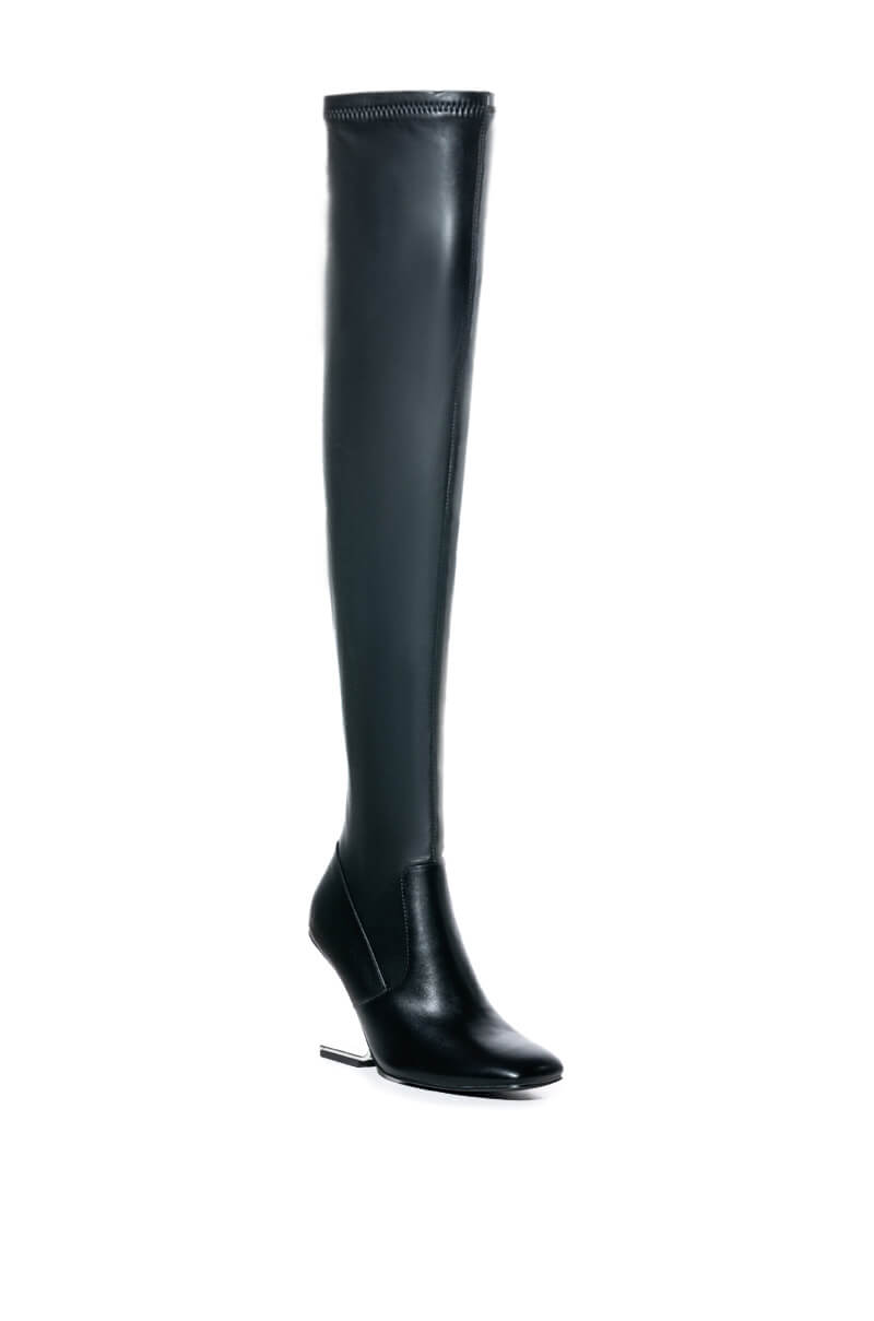 AZALEA WANG STRETCH THIGH HIGH WEDGE BOOT IN BLACK