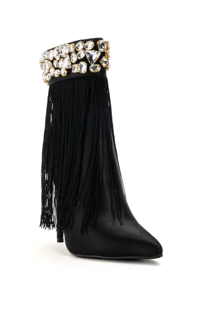 AZALEA WANG AVERI EMBELLISHED FRINGE BOOTIE IN BLACK