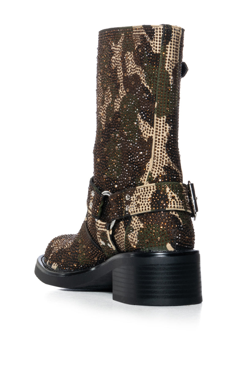 AZALEA WANG ROWENA CAMO RHINESTONE BOOTIE