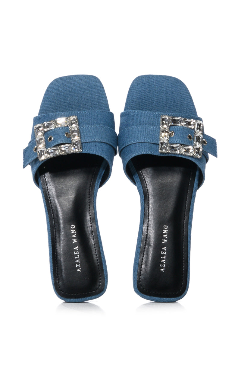 AZALEA WANG NIXIE DENIM FLAT SANDAL WITH EMBELLISHMENT