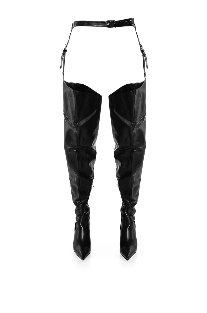 AZALEA WANG LEWANNA BLACK THIGH HIGH BELTED CHAP BOOT IN BLACK