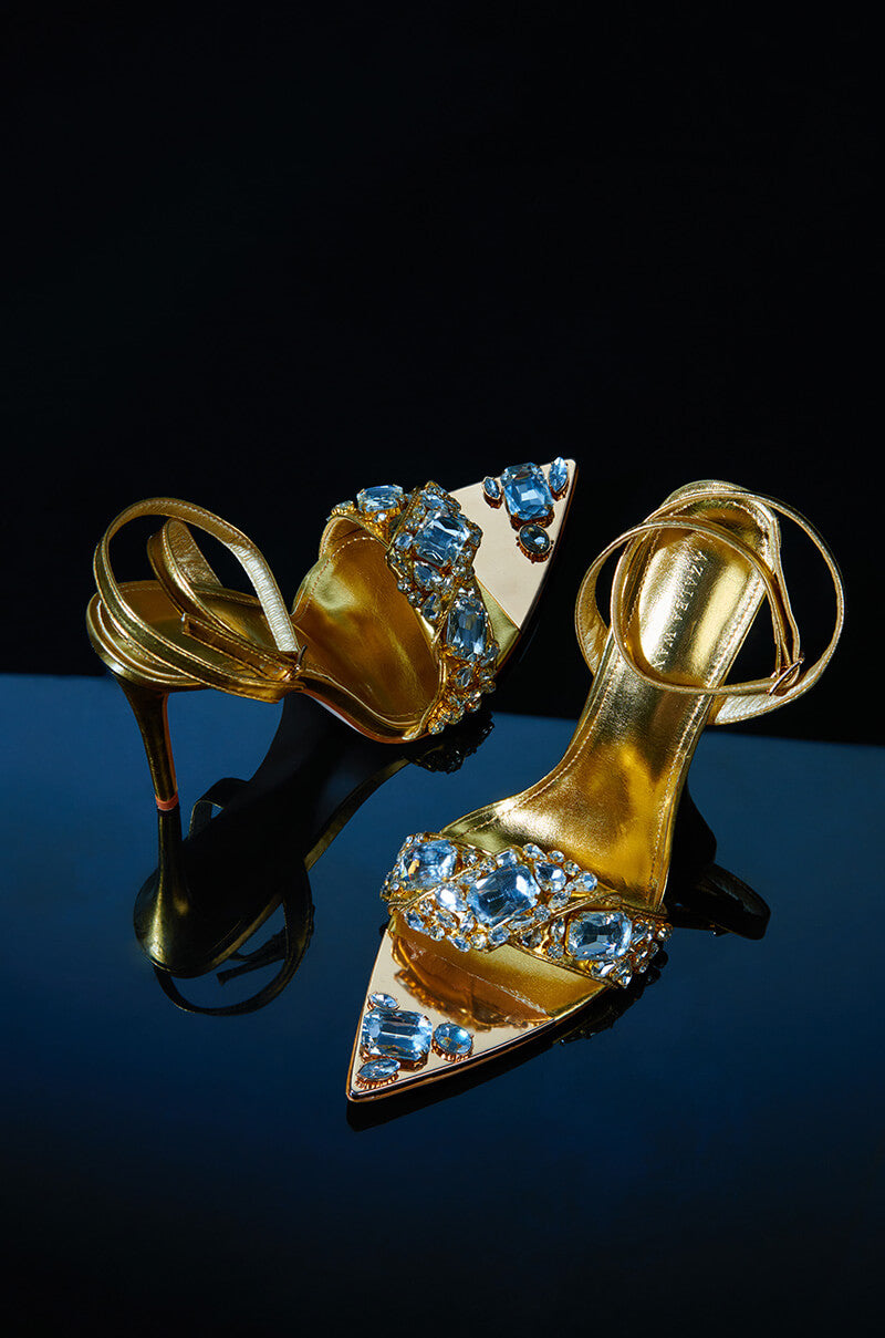 AZALEA WANG TILLY RHINESTONE STILETTO SANDAL IN GOLD