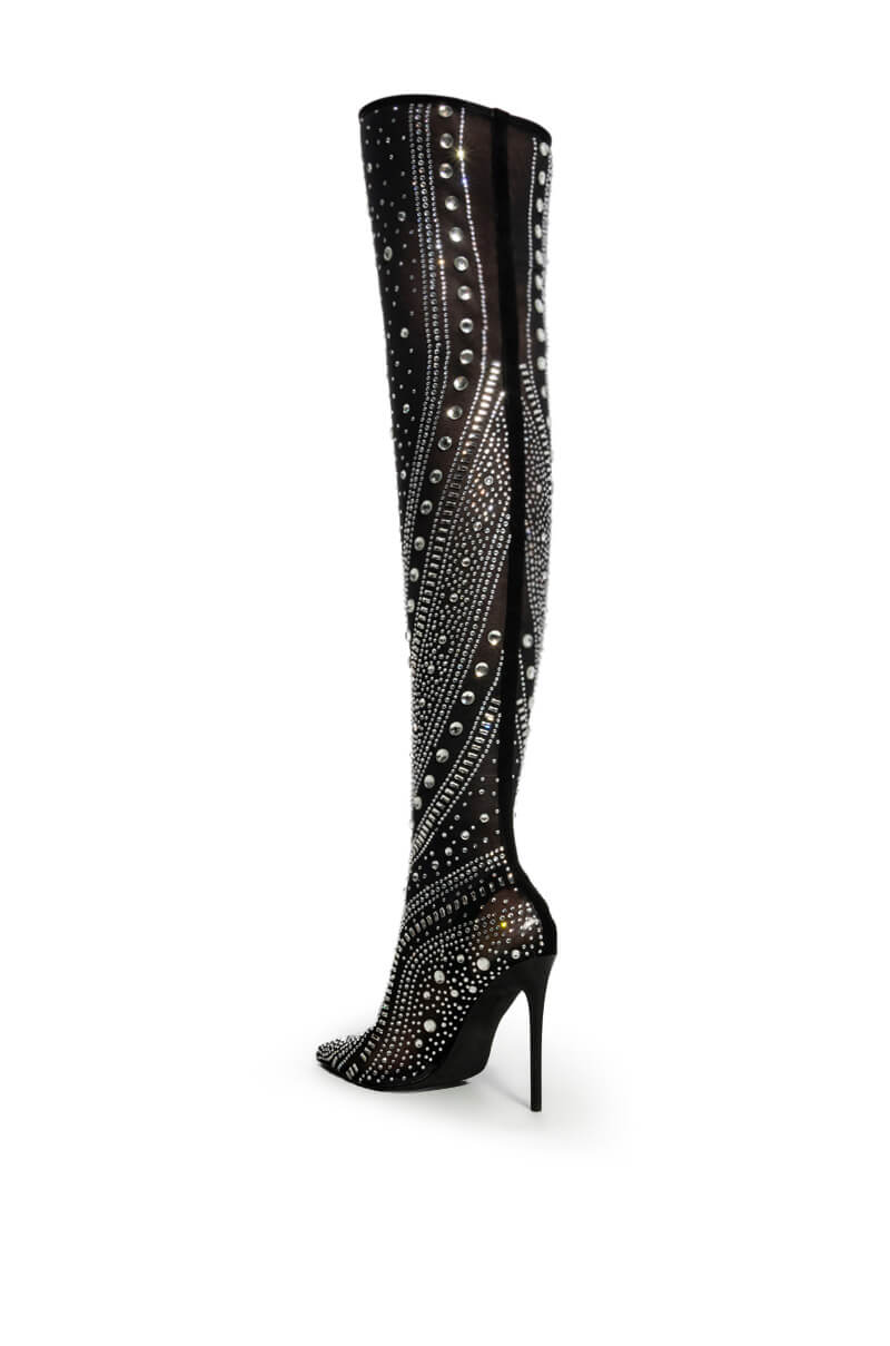 AZALEA WANG ROXY RHINESTONETHIGH HIGH STILETTO BOOT IN BLACK