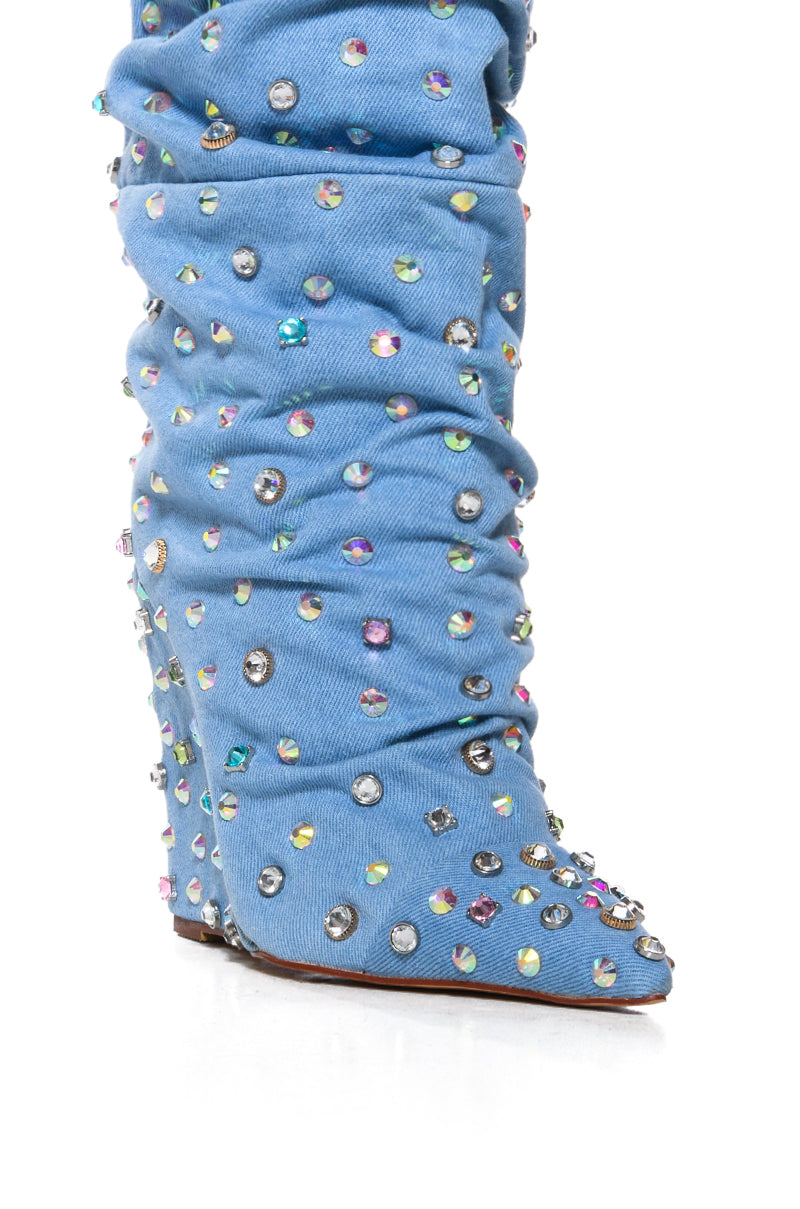 AZALEA WANG MIDDLETON EMBELLISHED DENIM BOOTIE