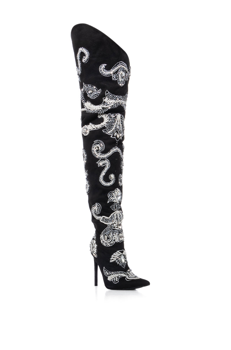 AZALEA WANG EMMETT BEADED EMBELLISHED THIGH HIGH WESTERN BOOT IN BLACK