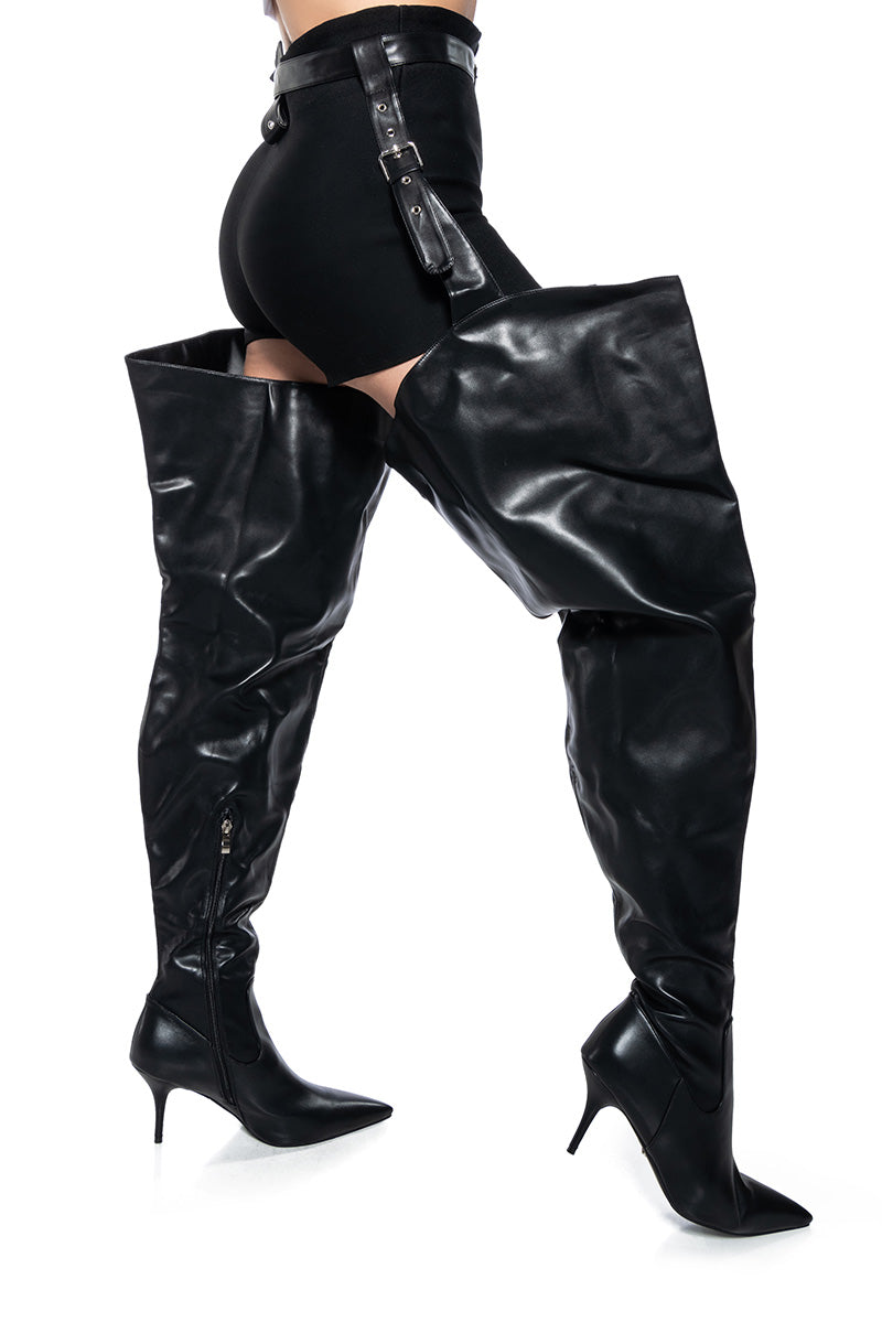 AZALEA WANG LEWANNA BLACK THIGH HIGH BELTED CHAP BOOT IN BLACK