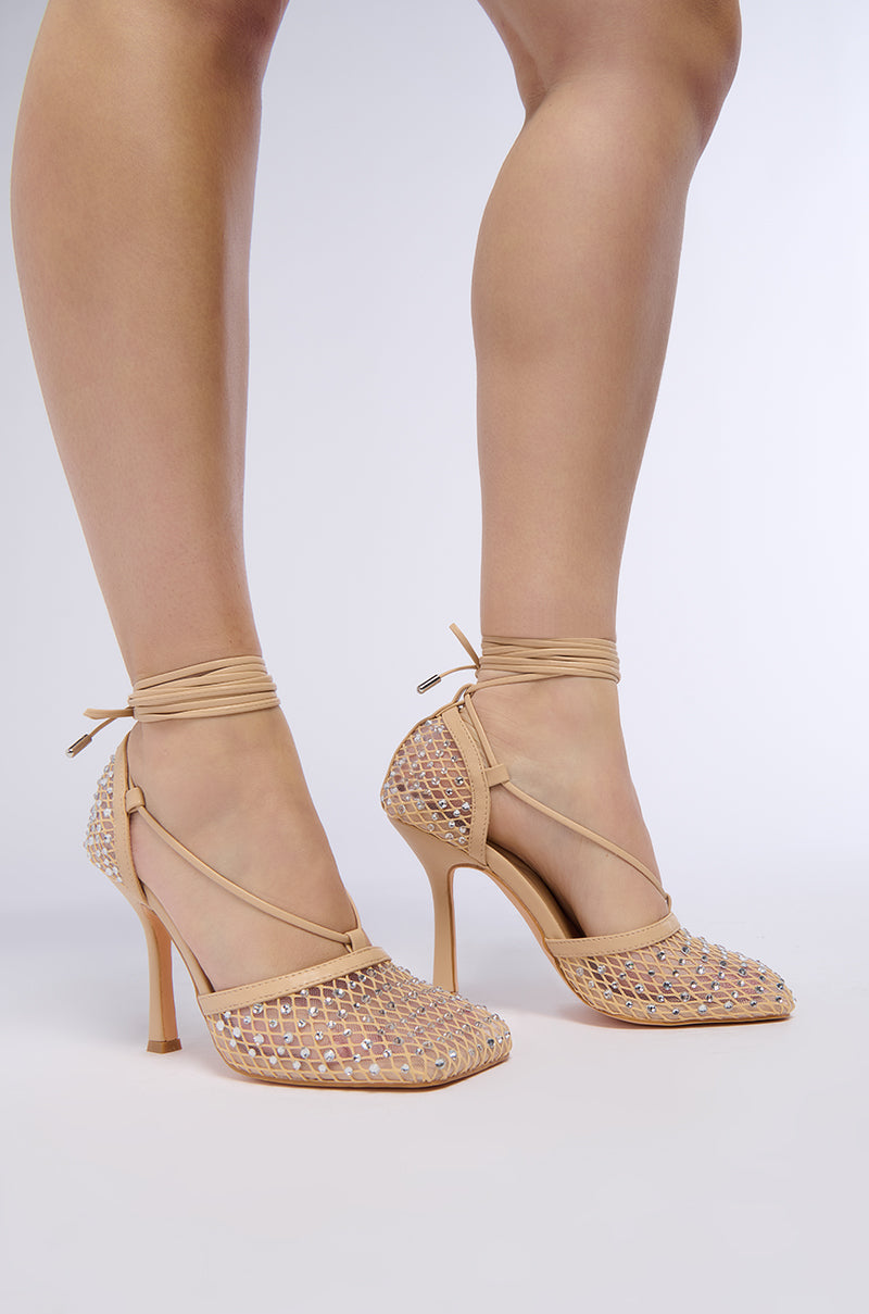 AZALEA WANG JOSETTE NUDE AND RHINESTONE MESH SANDAL