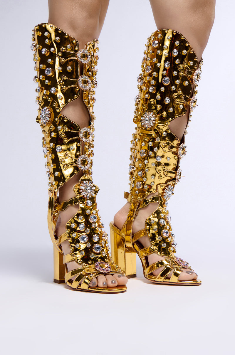 AZALEA WANG NORINNE GOLD EMBELLISHED GLADIATOR OPEN TOE SANDAL BOOT