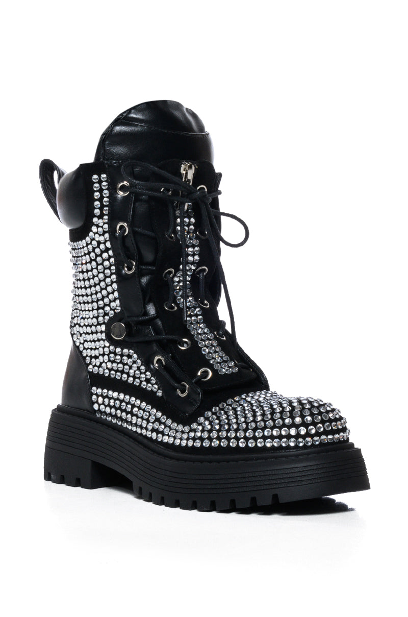 AZALEA WANG AMENITY BLACK RHINESTONE COMBAT BOOTIE