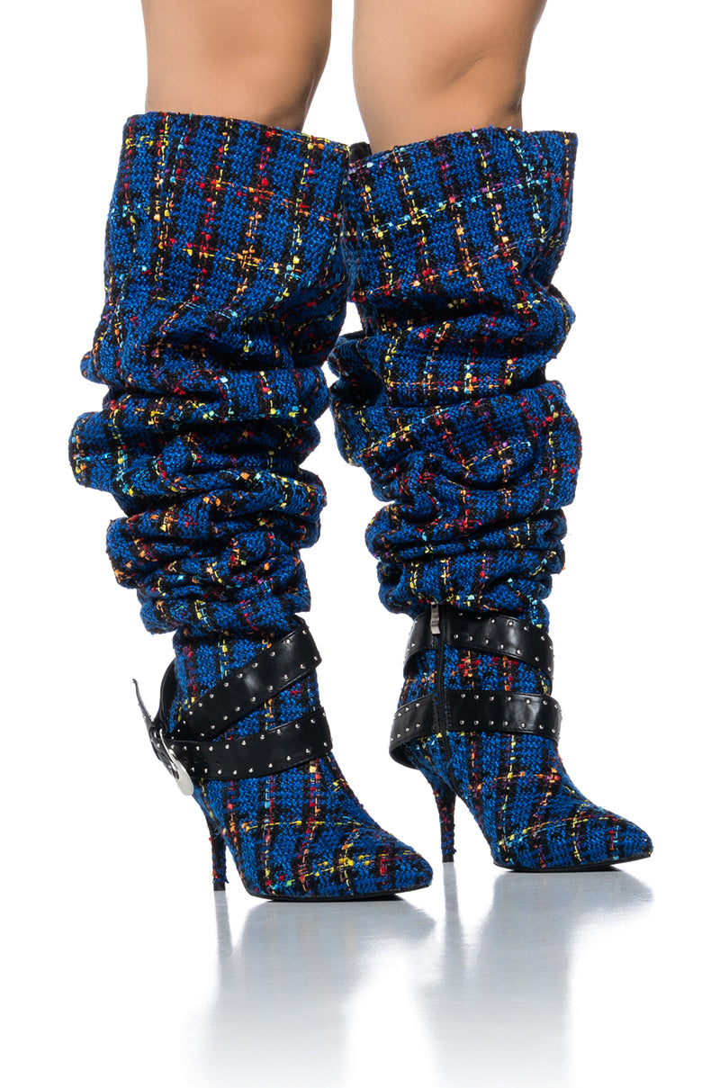 AZALEA WANG TAJA PLAID THIGH HIGH BOOT WITH BUCKLE DETAIL IN BLUE