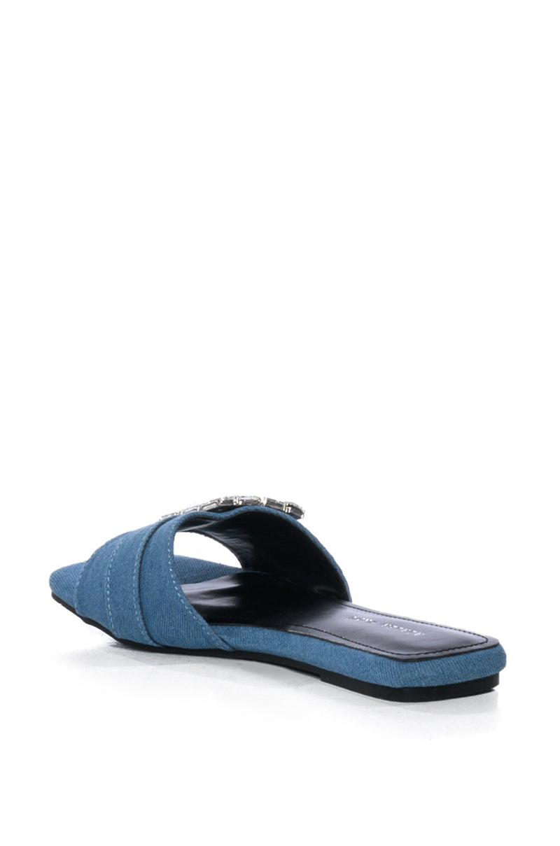 AZALEA WANG NIXIE DENIM FLAT SANDAL WITH EMBELLISHMENT