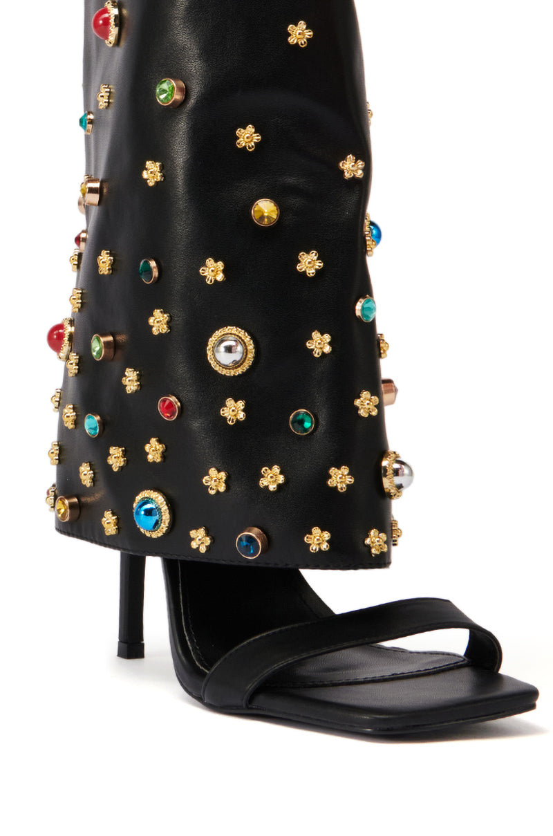 AZALEA WANG MITSUE BLACK EMBELLISHED FOLD OVER OPEN TOE SANDAL BOOT