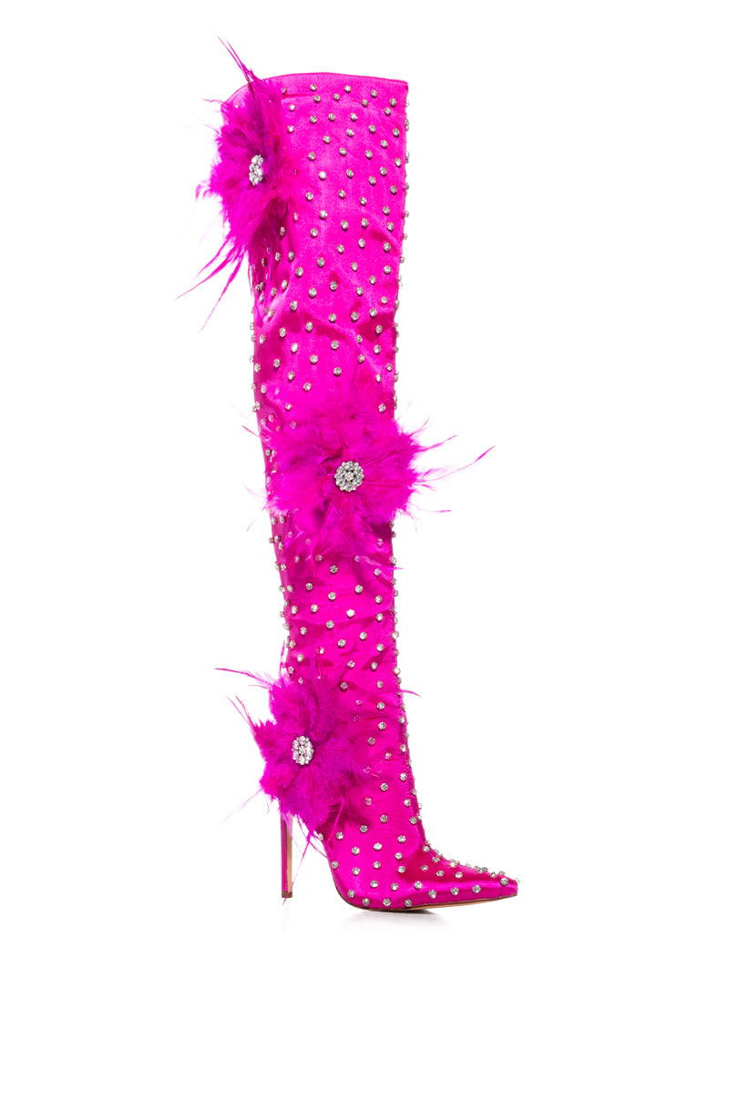 AZALEA WANG TARYN FUCHSIA SATIN FEATHER FLOWER BOOT