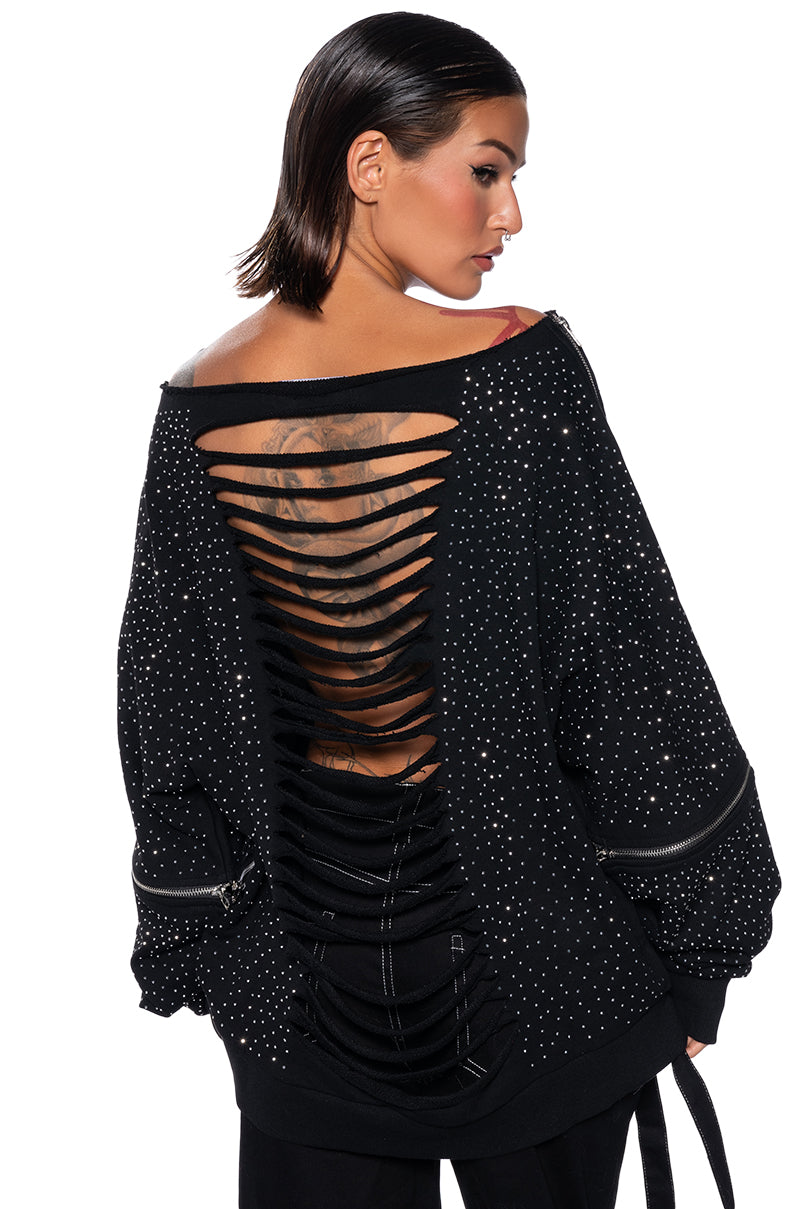 DISTRESSED OFF THE SHOULDER RHINESTONE EMBELLISHED SWEATSHIRT