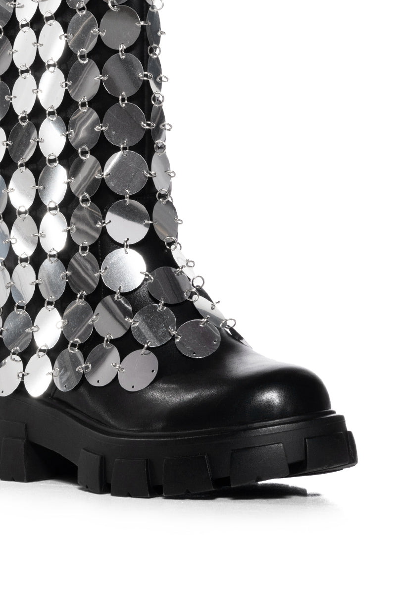 AZALEA WANG QUINNIE SILVER DISC EMBELLISHED BOOT IN BLACK