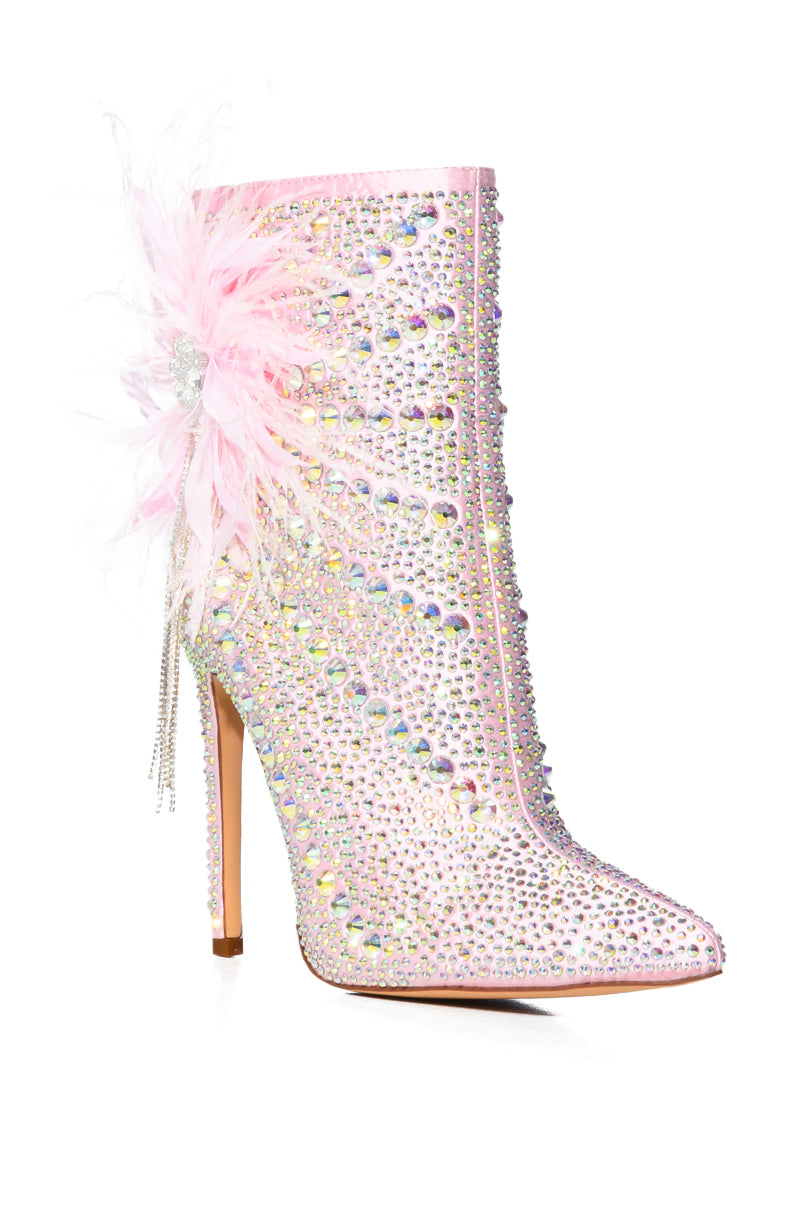 AZALEA WANG CRYSTALIZE EMBELLISHED FEATHER FLOWER BOOTIE IN PINK