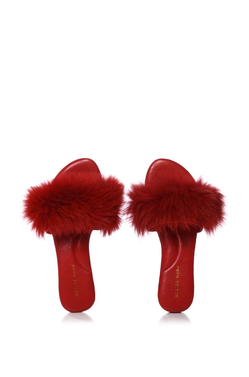 AZALEA WANG FOXY BASIC FUR FLAT SANDAL IN RED