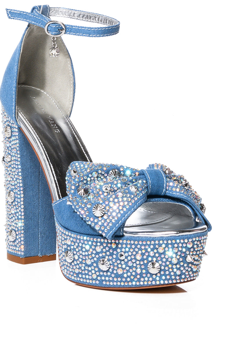 AZALEA WANG CHALINI EMBELLISHED BOW CHUNKY SANDAL IN DENIM