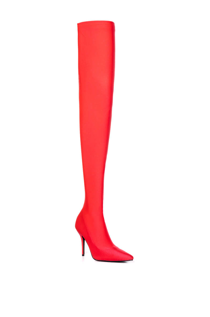 AZALEA WANG LOVE STRUCK THIGH HIGH STILETTO BOOT IN RED STRETCH
