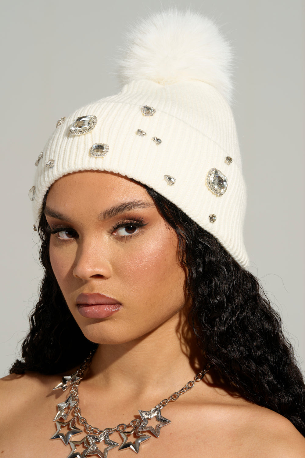 DIAMOND HOUR EMBELLISHED BEANIE IN WHITE