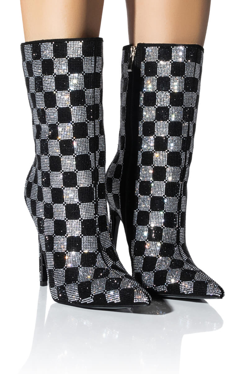 AZALEA WANG CHECKERBOARD BLING STILETTO BOOTIE IN BLACK