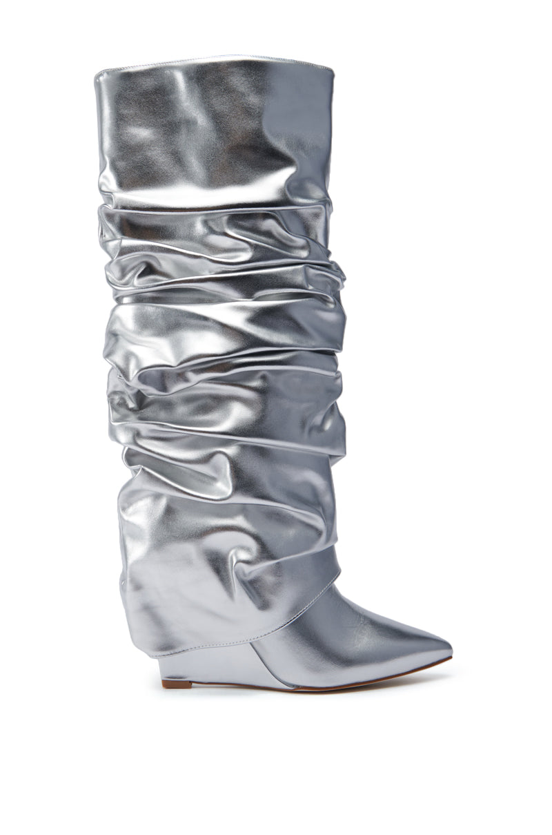 AZALEA WANG ZUMMA METALLIC RUCHED WEDGE BOOT IN SILVER