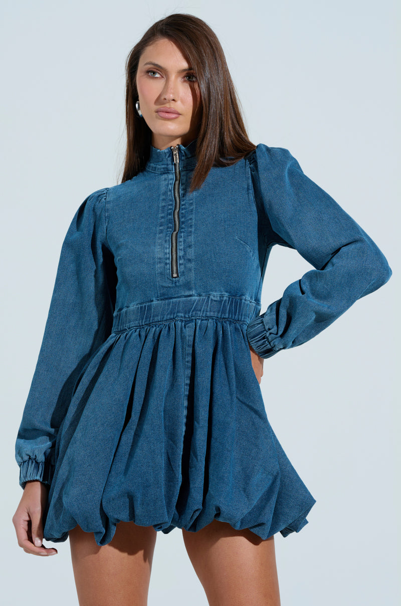 PASS THE BUBBLY DENIM MINI DRESS