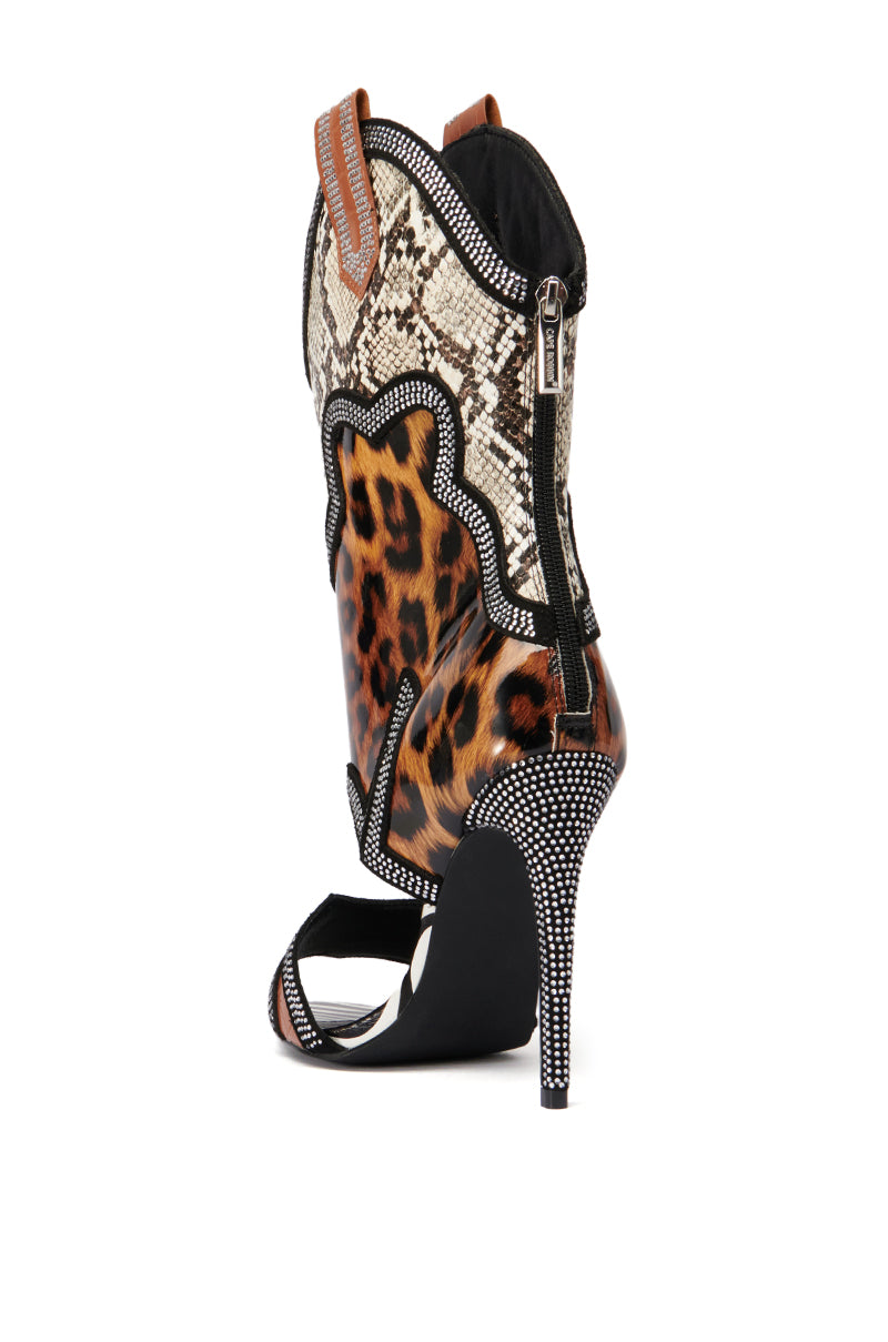 NAYAYE ANIMAL PRINT WESTERN OPEN TOE STILETTO BOOTIE